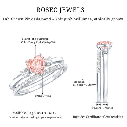 IGI Certified Lab Grown Pink Heart Engagement Ring With Diamond Wedding Band