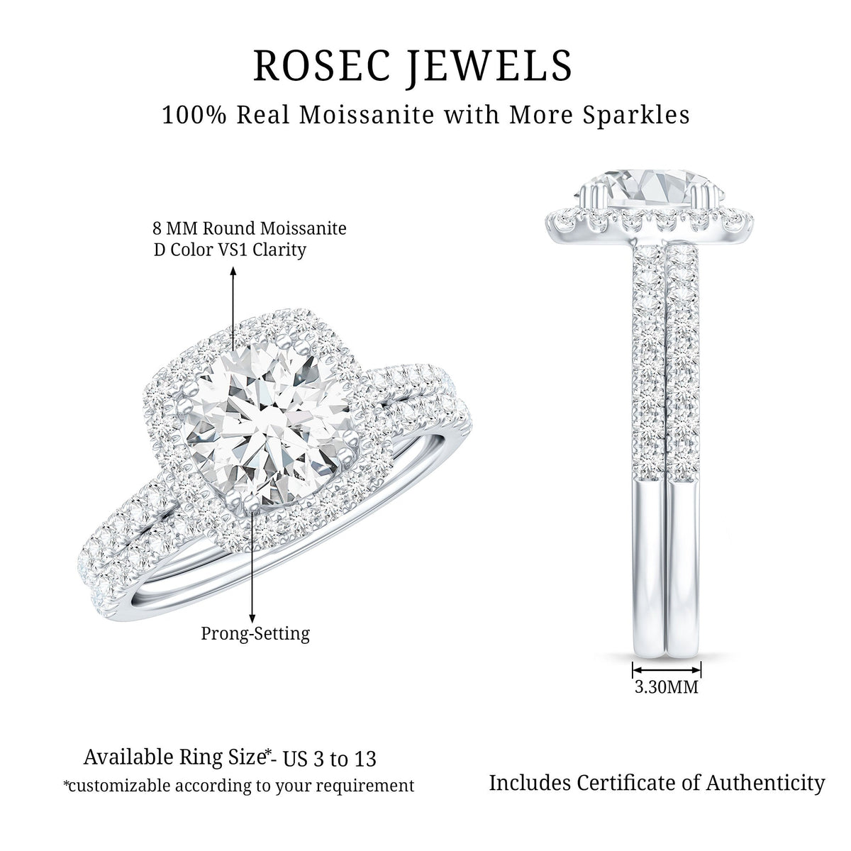 Round Certified Moissanite Wedding Ring Set with Halo