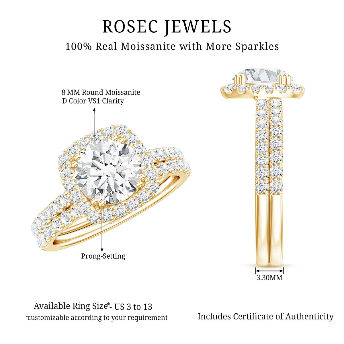 Round Certified Moissanite Wedding Ring Set with Halo
