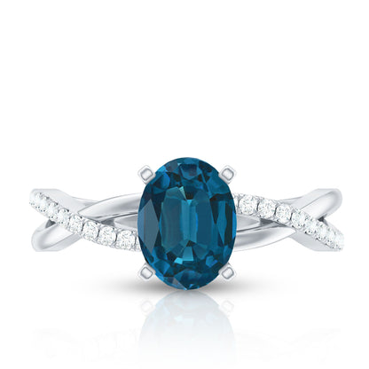 1 Carat Oval Cut London Blue Topaz Solitaire Engagement Ring with Diamond Spiral Shank