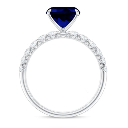 Classic 2.75 Carat Lab Grown Blue Sapphire Cushion Cut Engagement Ring with Diamond