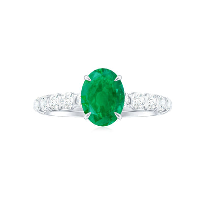 Natural 1.2 Carat Emerald Oval Engagement Ring with Diamond Side Stones