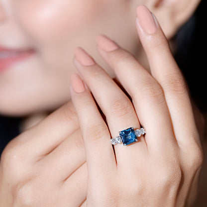 3 Carat Asscher Cut London Blue Topaz Solitaire Engagement Ring with Moissanite