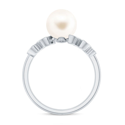 Freshwater Pearl Solitaire Engagement Ring with Diamond Leaf Shank
