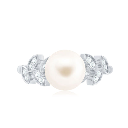 Freshwater Pearl Solitaire Engagement Ring with Diamond Leaf Shank