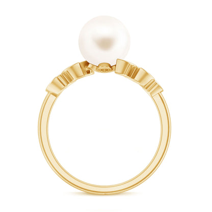 Freshwater Pearl Solitaire Engagement Ring with Diamond Leaf Shank