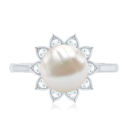 Natural 7.4 Carat Freshwater Pearl Flower Engagement Ring with Diamond