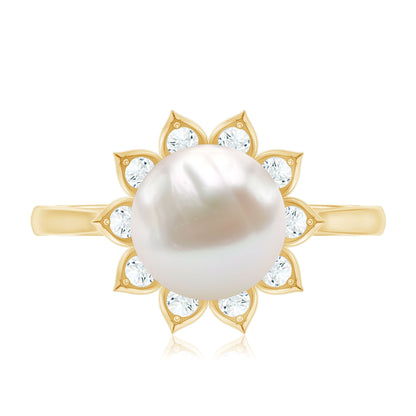 Natural 7.4 Carat Freshwater Pearl Flower Engagement Ring with Diamond