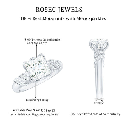 Certified Princess Cut Moissanite Designer Engagement Ring
