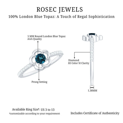 0.6 Carat Round London Blue Topaz Flower Promise Ring with Diamond