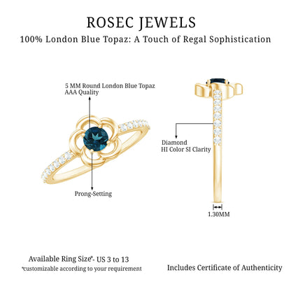0.6 Carat Round London Blue Topaz Flower Promise Ring with Diamond