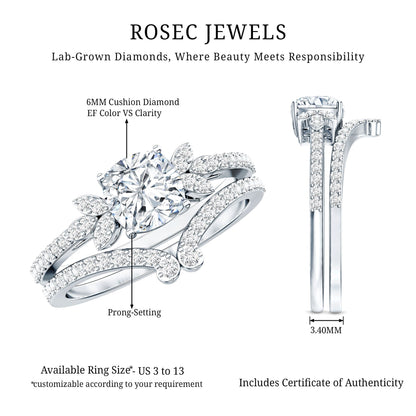 Certified 1.7 Carat Cushion Lab Grown Diamond Engagement Ring with Wedding Band