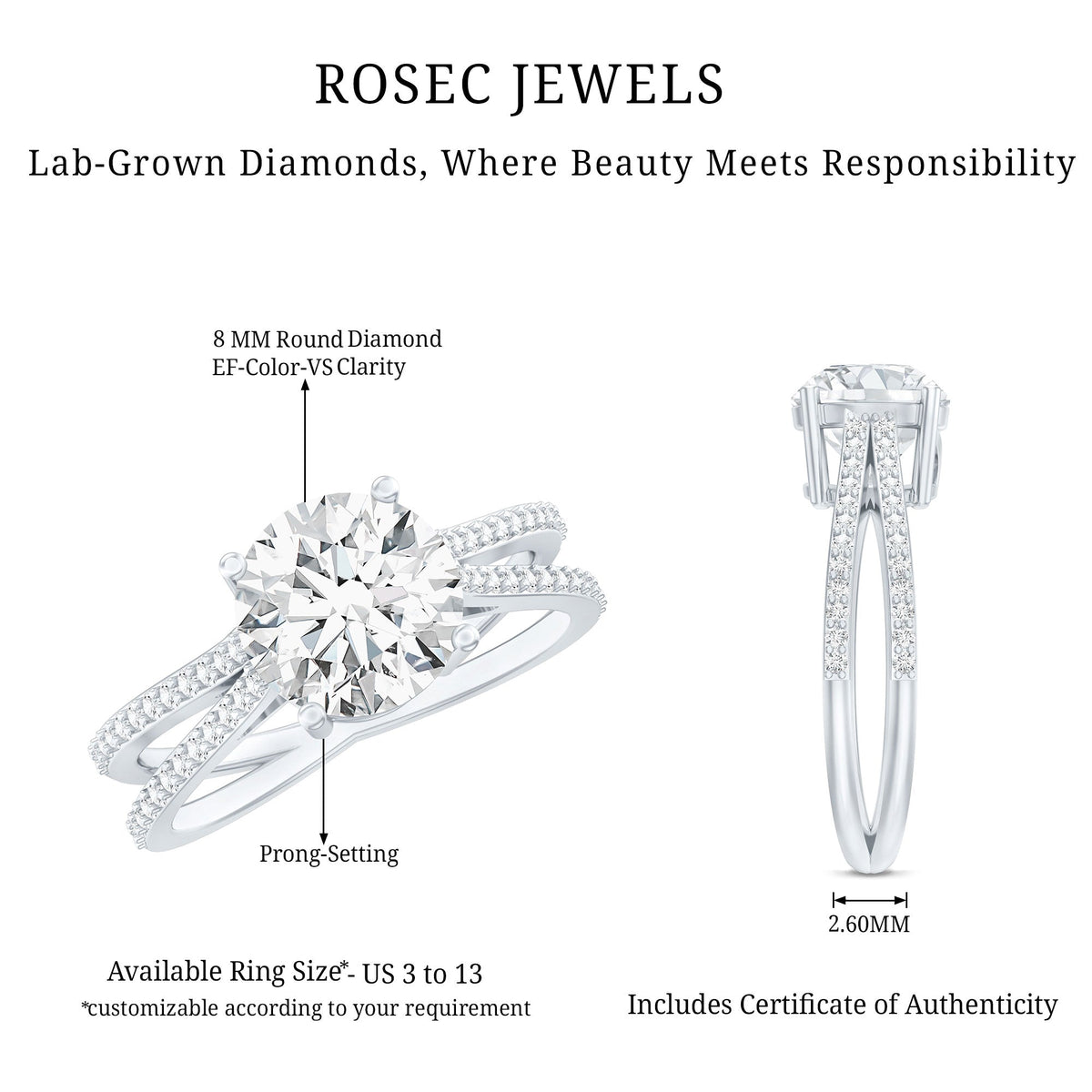 Certified 2 Carat Lab Grown Diamond Split Shank Engagement Ring