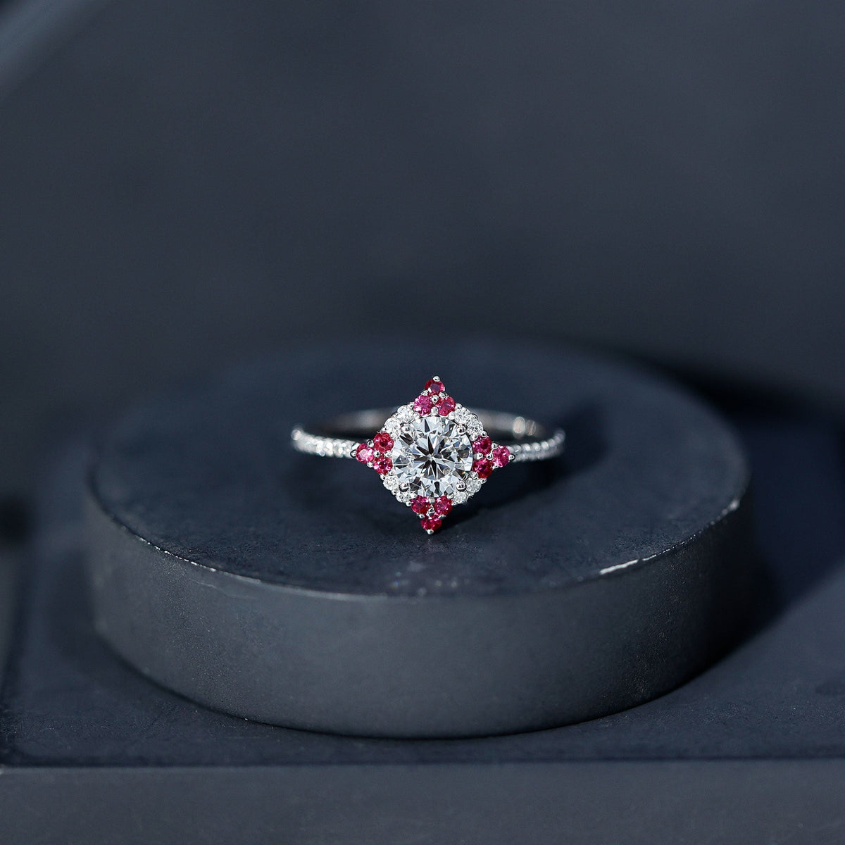 Certified Lab Grown Diamond Halo Engagement Ring with Ruby