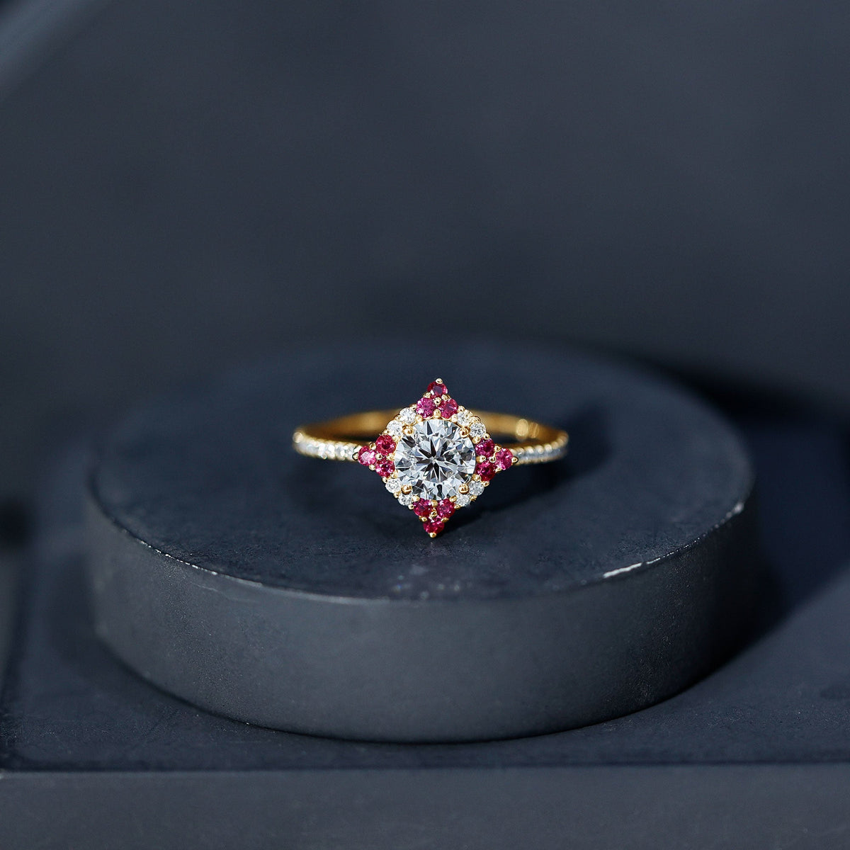 Certified Lab Grown Diamond Halo Engagement Ring with Ruby