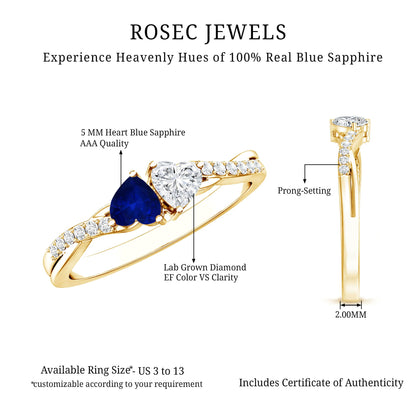 Natural Heart Shape Blue Sapphire Diamond 2 Stone Promise Ring