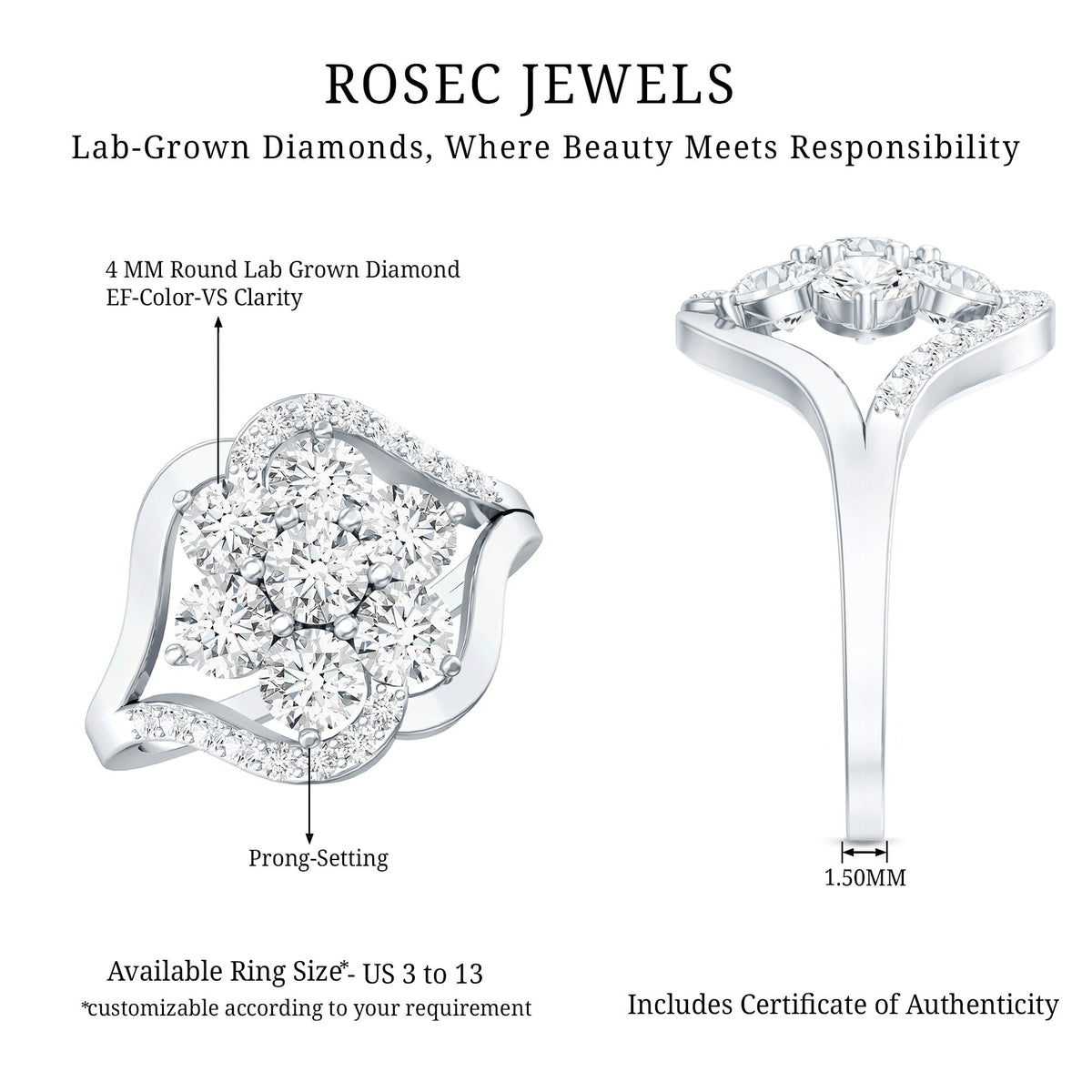 Certified Lab Grown Diamond Flower Statement Ring