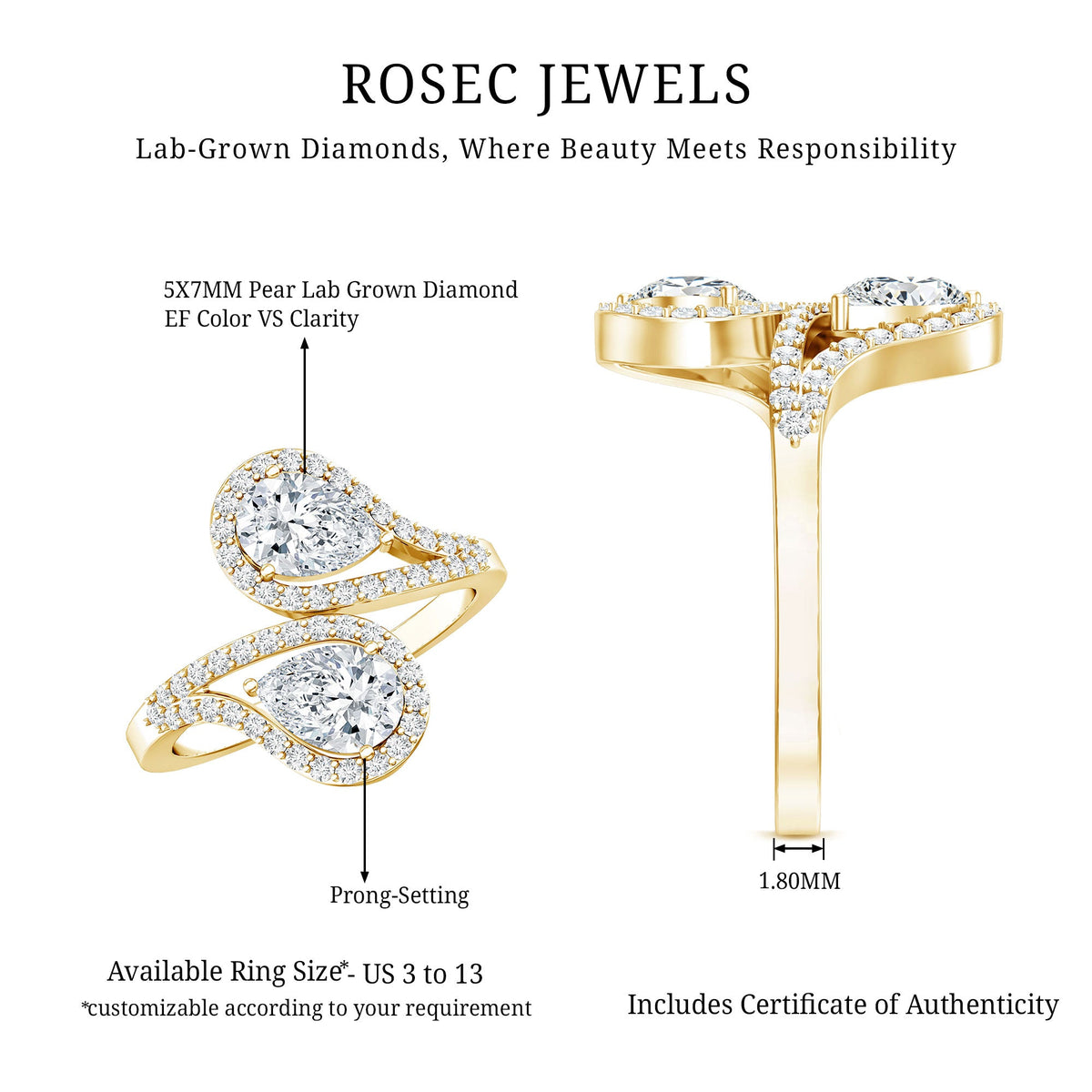 Certified Lab Diamond Toi Et Moi Designer Engagement Ring