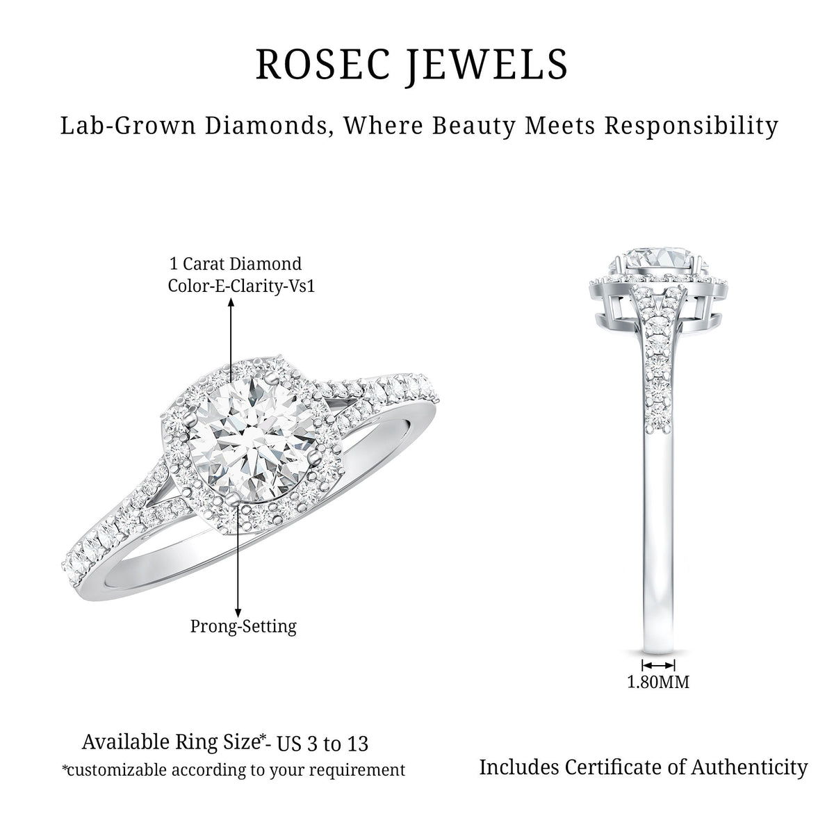 IGI Certified 1 Carat Lab Grown Diamond Halo Engagement Ring for Women