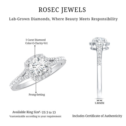 IGI Certified 1 Carat Lab Grown Diamond Halo Engagement Ring for Women