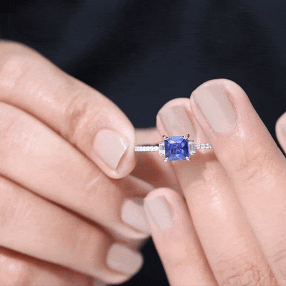 Certified 1.5 Carat Lab Blue Sapphire Princess Cut Engagement Ring with Diamond