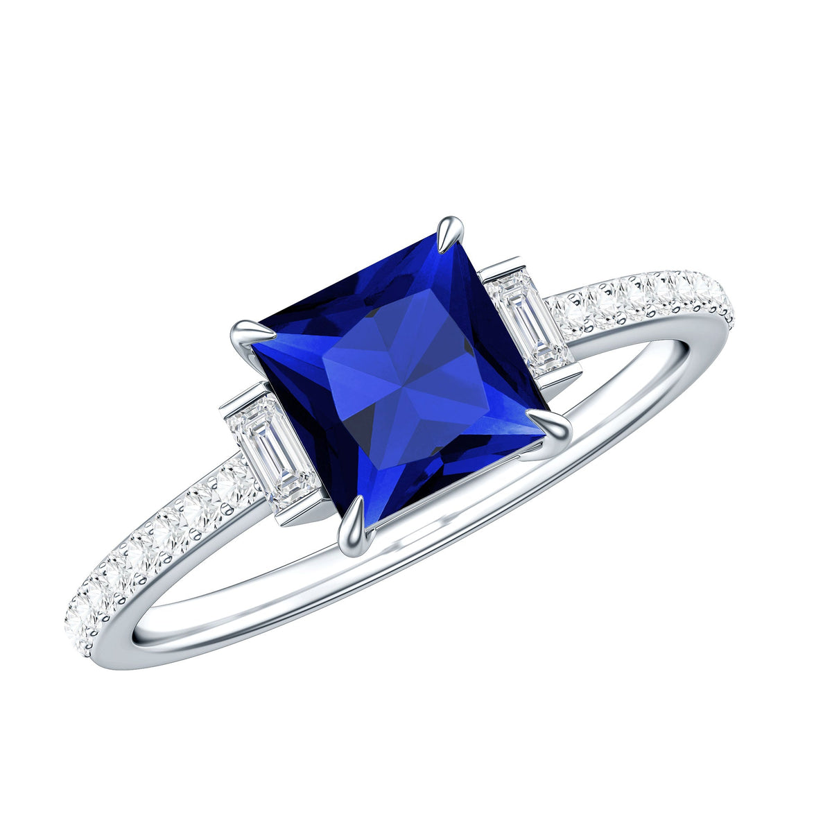 Certified 1.5 Carat Lab Blue Sapphire Princess Cut Engagement Ring with Diamond