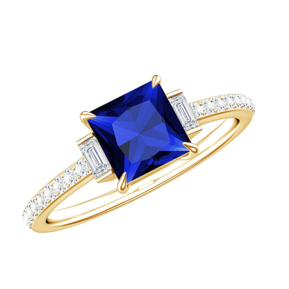 Certified 1.5 Carat Lab Blue Sapphire Princess Cut Engagement Ring with Diamond