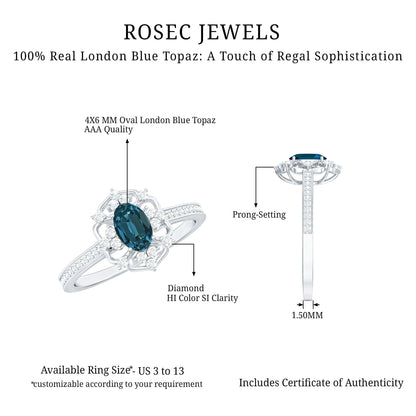 0.4 Carat Oval Cut London Blue Topaz Vintage Engagement Ring with Diamond