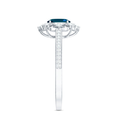 0.4 Carat Oval Cut London Blue Topaz Vintage Engagement Ring with Diamond