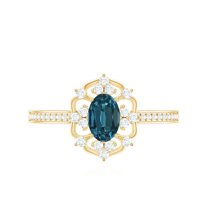 0.4 Carat Oval Cut London Blue Topaz Vintage Engagement Ring with Diamond