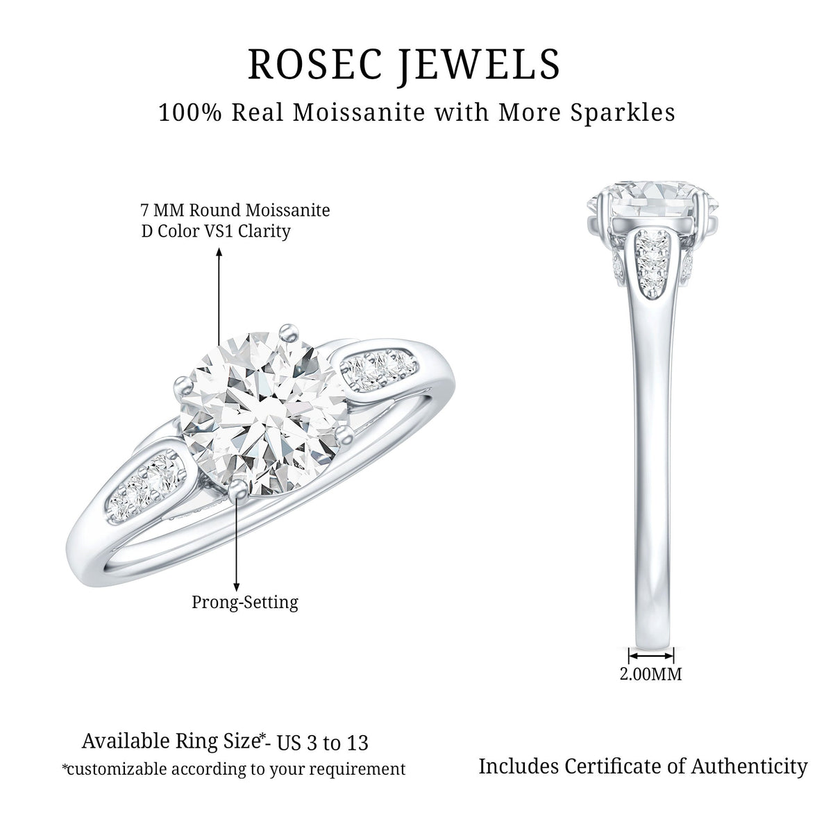 Brilliant Cut D-VS1 clarity Moissanite Engagement Ring for Women