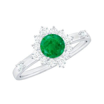 0.4 Carat Round Shape Emerald Promise Ring with Diamond Halo