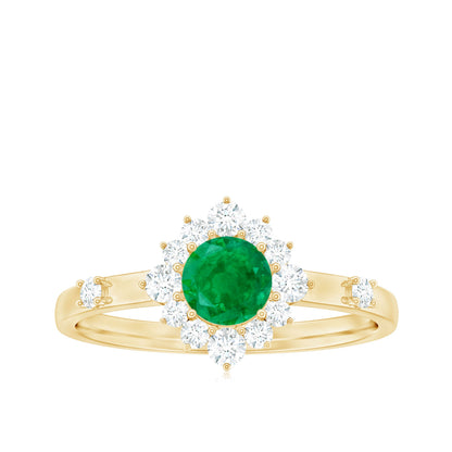 0.4 Carat Round Shape Emerald Promise Ring with Diamond Halo