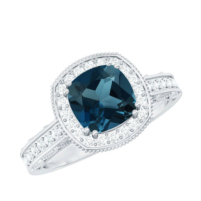 2.8 Carat Cushion Cut London Blue Topaz Vintage Inspired Ring with Diamond Halo