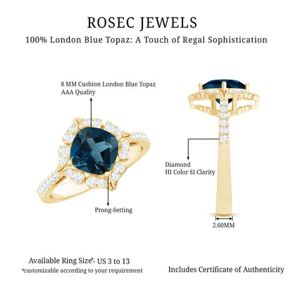 2.8 Carat Cushion Cut London Blue Topaz Nature Engagement Ring with Diamond Halo
