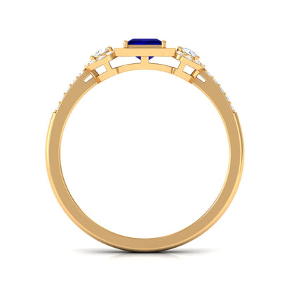 Real Blue Sapphire Princess Cut Blue Sapphire Engagement Ring with Diamond
