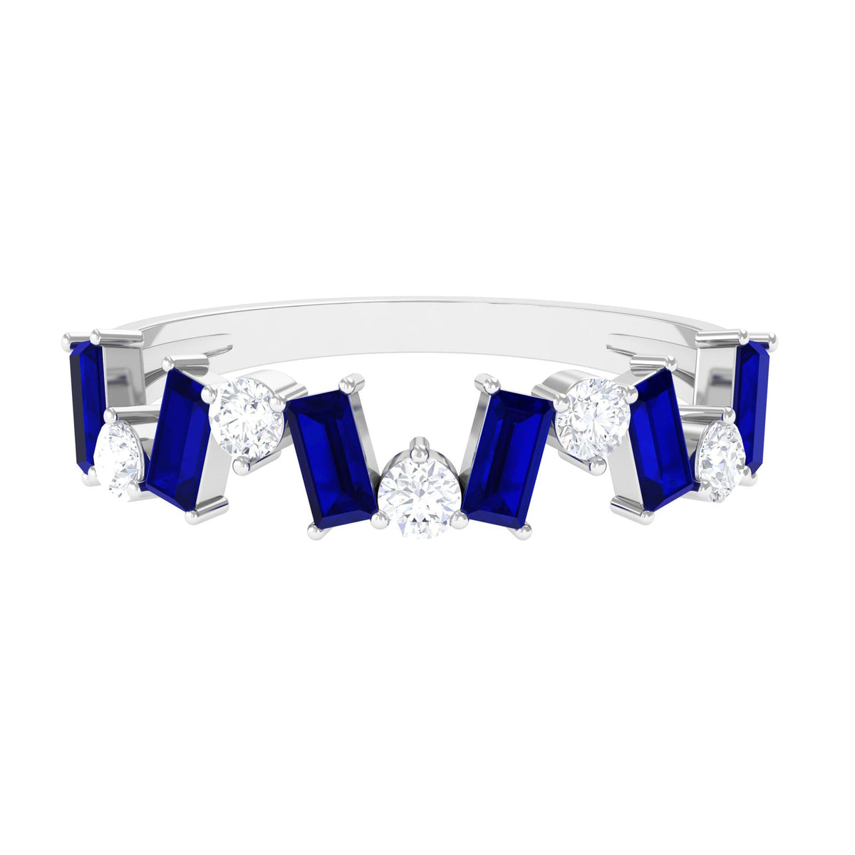 Genuine Baguette Blue Sapphire Half Eternity Ring with Diamond