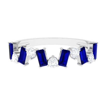 Genuine Baguette Blue Sapphire Half Eternity Ring with Diamond