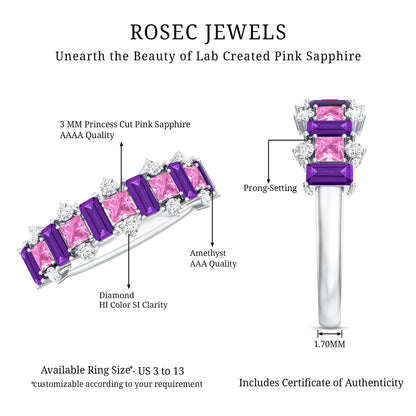 Lab Created Pink Sapphire and Amethyst Half Eternity Band with Diamond
