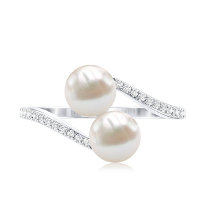 Natural Freshwater Pearl 2 Stone Engagement Ring with Diamond