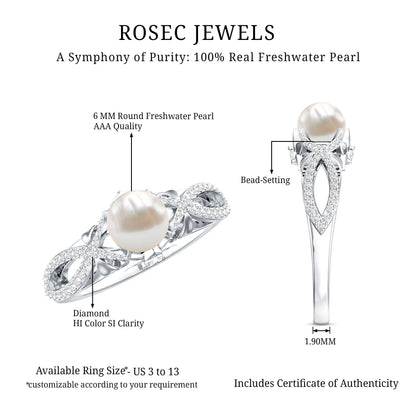 Cultured 2.2 Carat Freshwater Pearl Solitaire Engagement Ring with Diamond Crossover Shank