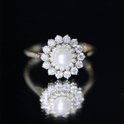 Certified Real Freshwater Pearl Flower Engagement Ring with Moissanite
