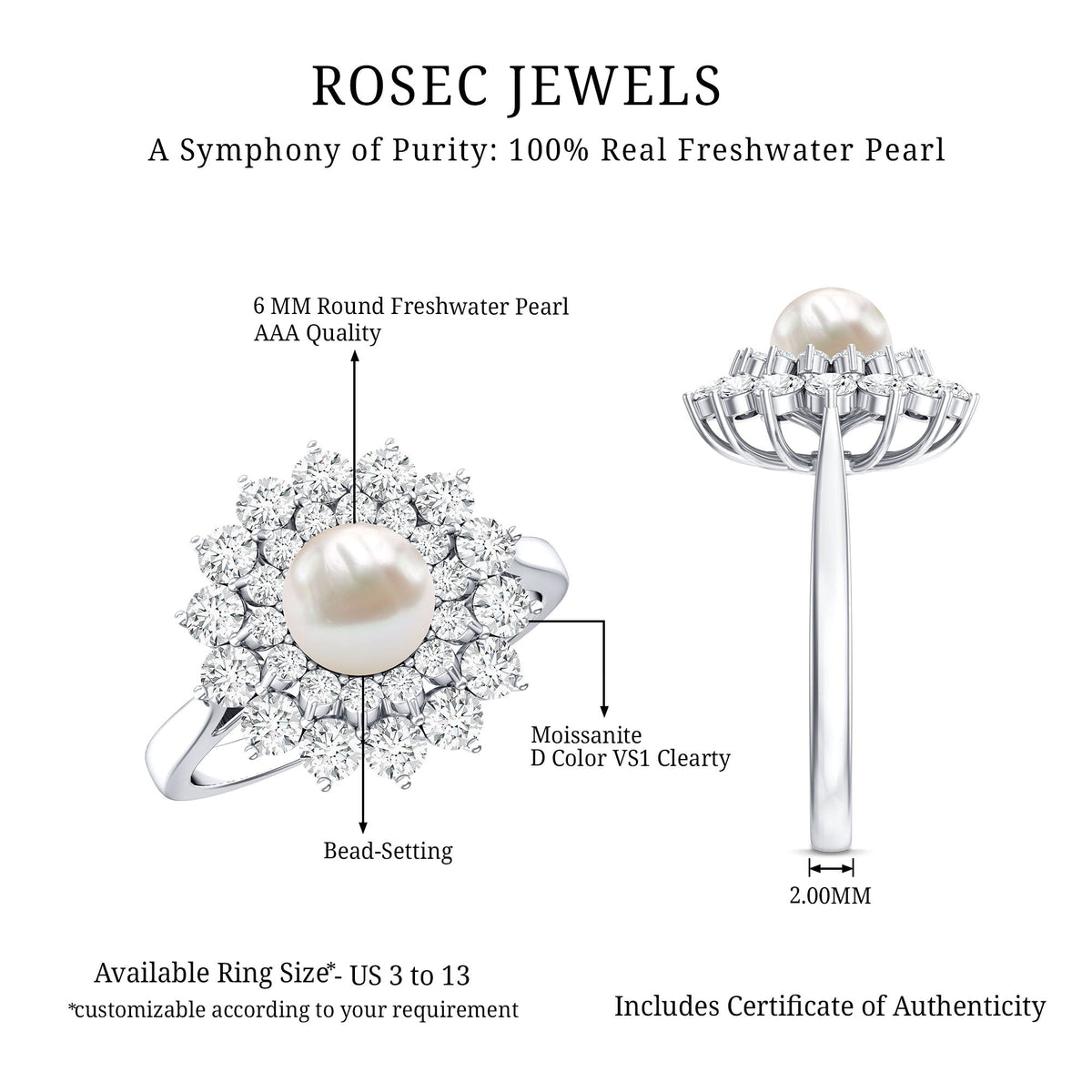 Certified Real Freshwater Pearl Flower Engagement Ring with Moissanite