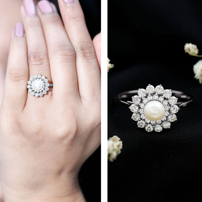 Certified Real Freshwater Pearl Flower Engagement Ring with Moissanite