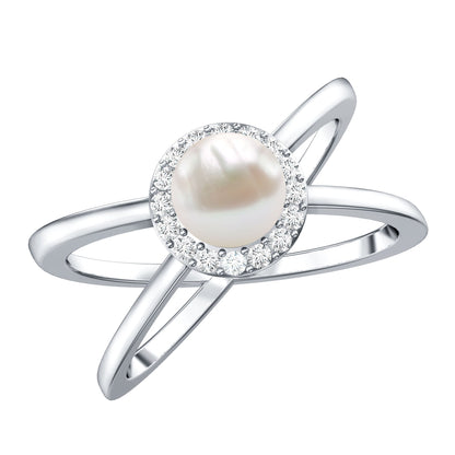 Real 2 Carat Freshwater Pearl Diamond Halo Engagement Ring with Criss Cross Shank