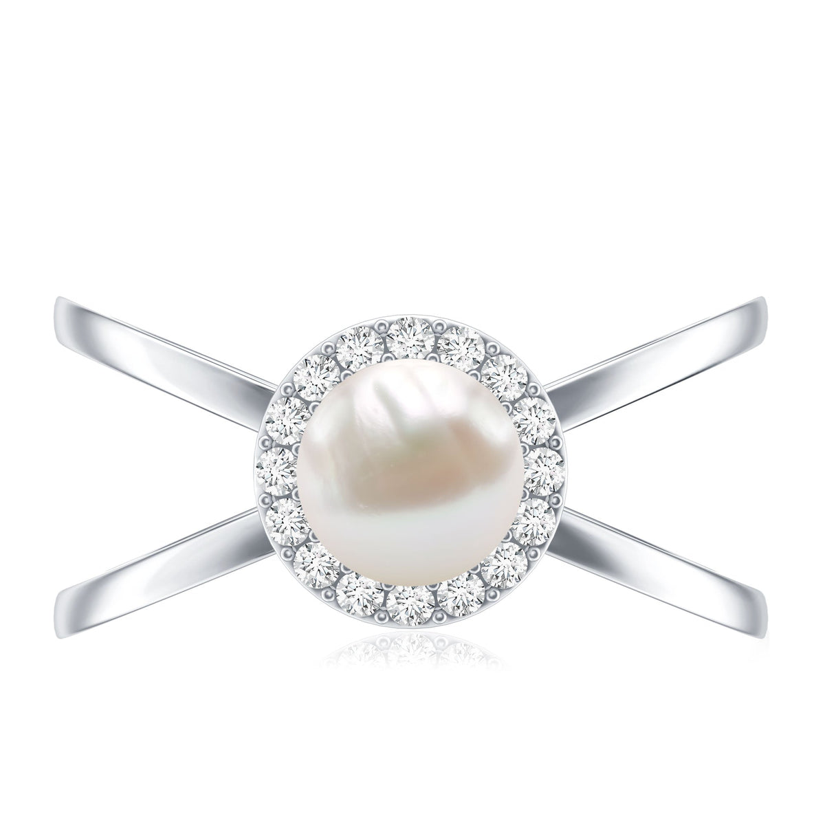 Real 2 Carat Freshwater Pearl Diamond Halo Engagement Ring with Criss Cross Shank