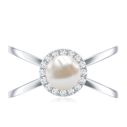 Real 2 Carat Freshwater Pearl Diamond Halo Engagement Ring with Criss Cross Shank