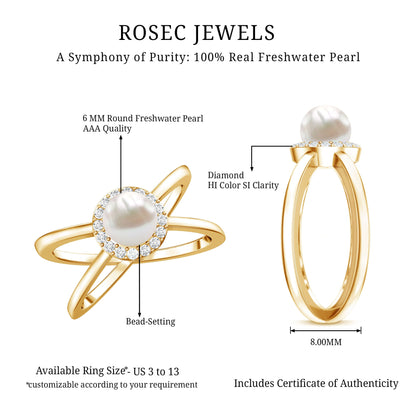 Real 2 Carat Freshwater Pearl Diamond Halo Engagement Ring with Criss Cross Shank