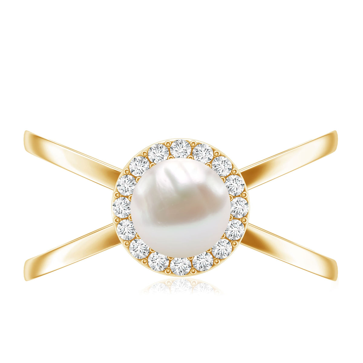 Real 2 Carat Freshwater Pearl Diamond Halo Engagement Ring with Criss Cross Shank