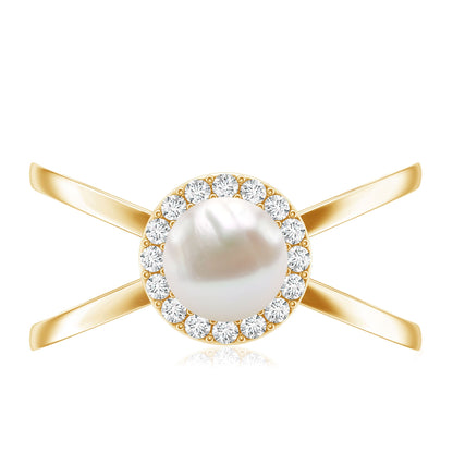 Real 2 Carat Freshwater Pearl Diamond Halo Engagement Ring with Criss Cross Shank